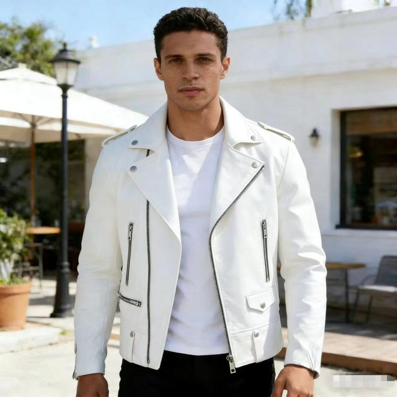 Veste de motard en simili cuir pour hommes, col à revers, manches longues, fermeture éclair asymétrique diagonale, décorations de languette d'épa