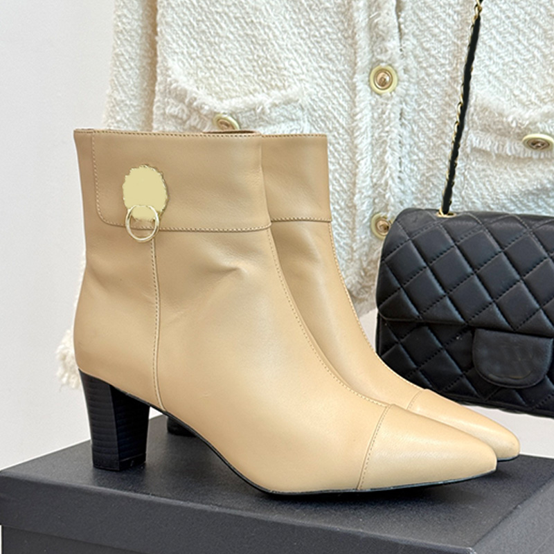 Fashion Designer Womans Pointed High Heeled Short Boots Luxurious Apricot Calf Leather Side Metal Buckle Short Boots Womens Classic Casual Matching