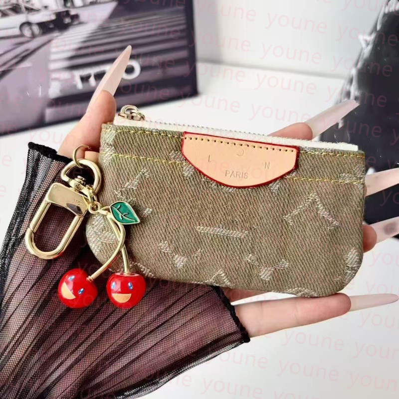 Designer Bag Charm Mini Zipper Coin Purse with Cherry Charm, Vintage Denim Jacquard Key Pouch, Women Small Card Holder Keychain Bag for Earphone Cas