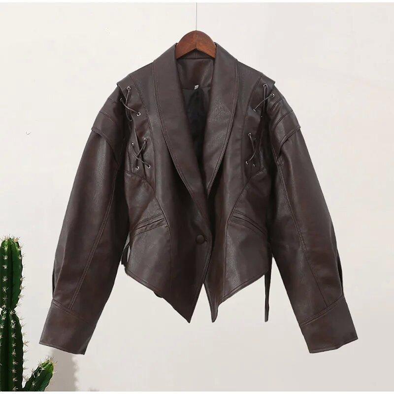 Veste en Faux cuir pour femmes, épaules dénudées, ceinture, revers châle, manches longues, taille ajustée, ourlet irrégulier, vêtements d'extérie