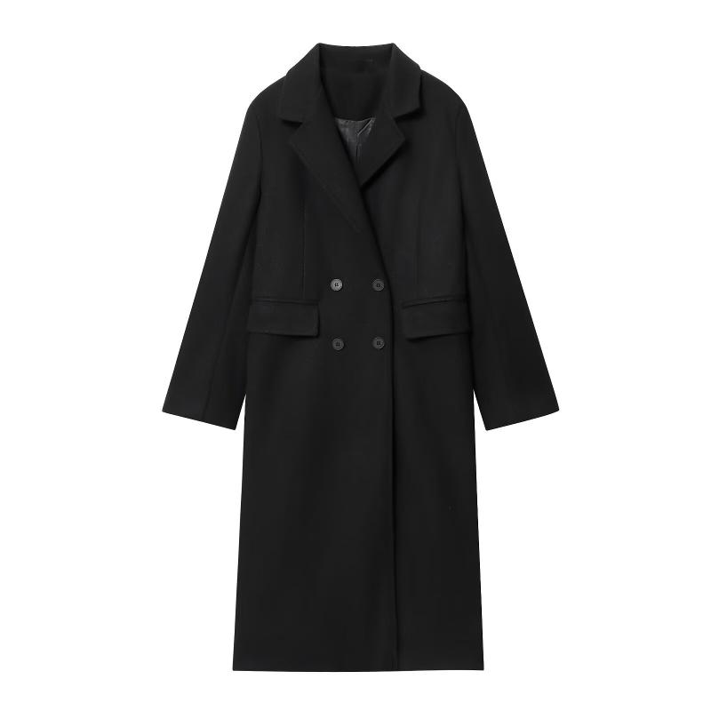 Women Mid Calf Length Wool Coat Long Sleeve Notched Lapel Double Breasted Buttons Simple Solid Color Commuter Outer Jacket