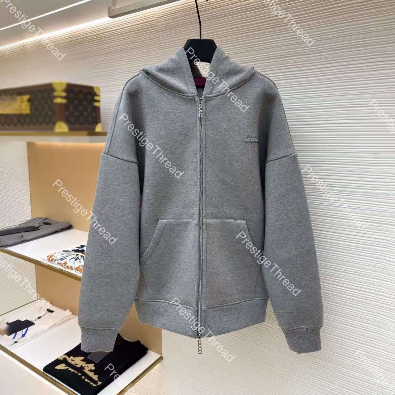 Designer-style high-quality men's jackets with embroidered patches, zip-up hoodie, sporty casual in gray