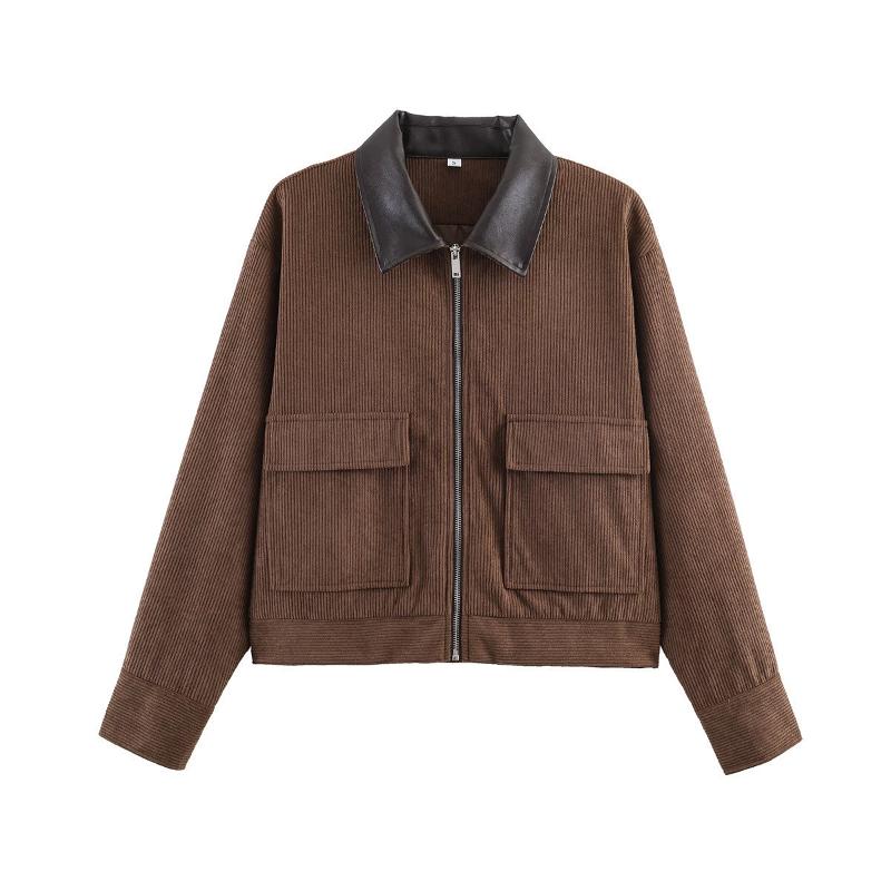 Veste extérieure en velours côtelé pour femmes, col bloc de couleurs, manches longues, fermeture éclair sur le devant, poches plaquées surdimensi