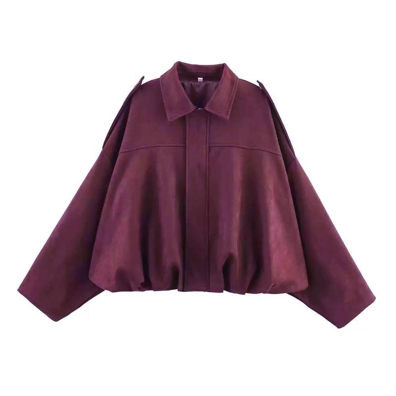 Veste surdimensionnée en tissu texturé pour femmes, col à revers, manches longues, languette d'épaule, fermeture éclair cachée, manteau froncé à