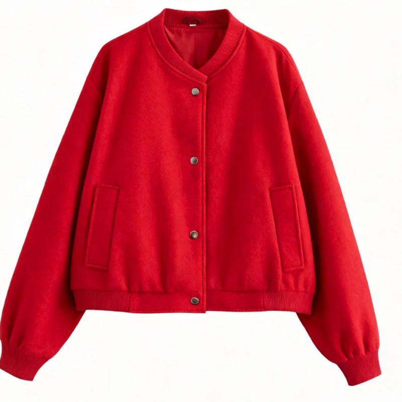 Women Front Button Baseball Style Coat Ribbed Trim Details Long Sleeve Relaxed Silhouette Side Slit Pockets Cropped Outer Top