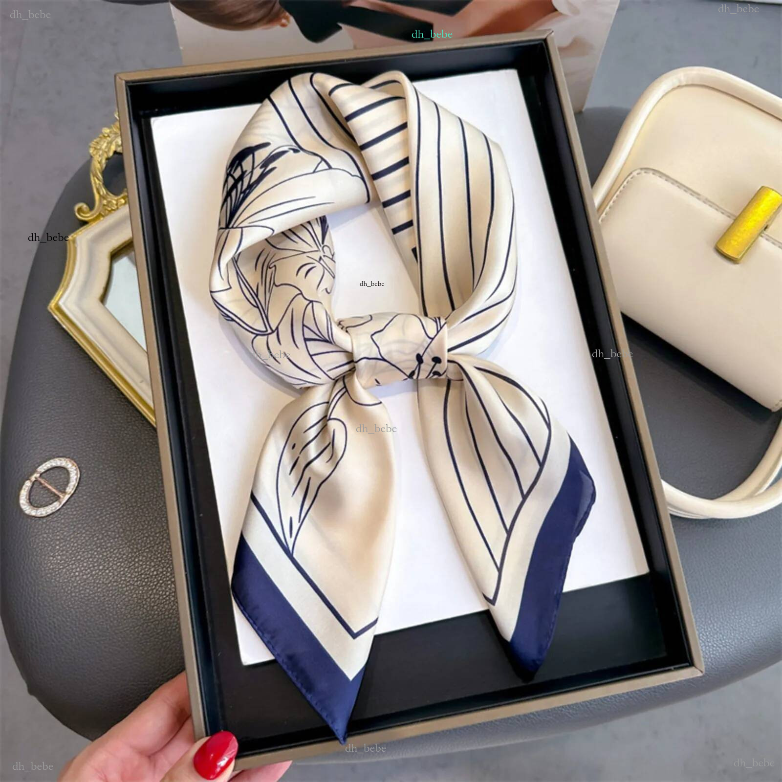 Designer Floral Print Silky Square Scarf Women Elegant Navy Blue Orange Border Soft Neck Head Wrap Versatile Fashion Daily Accessory