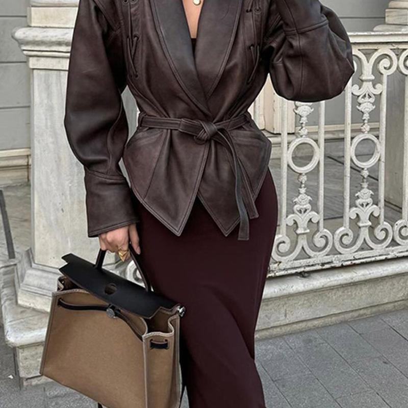 Women Shawl Collar Faux Leather Jacket Long Sleeve Shoulder Lace Up Detail Single Button Front Self Tie Belt Waist Fitted Outercoat