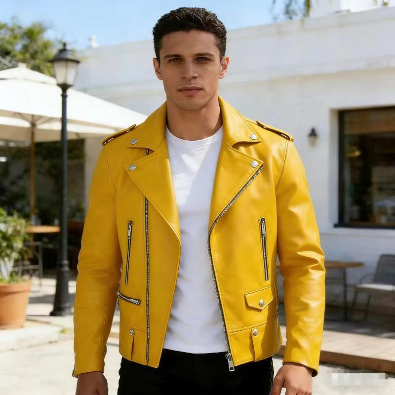 Veste en cuir de motard asymétrique pour hommes, fermeture éclair sur le devant, manches longues rabattues, sangle d'épaule, détail taille latéra