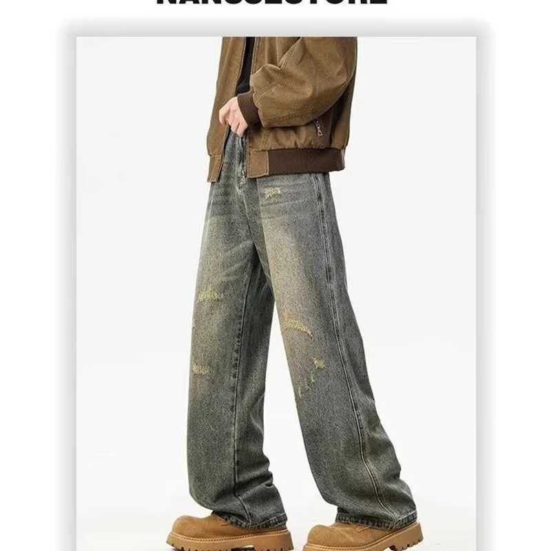 RETRO Distressed Men's Wide Legs Jeans New Autumn Y2k Trousers Street Style Young Bottom Male High Waist Denim Pants D260927 86