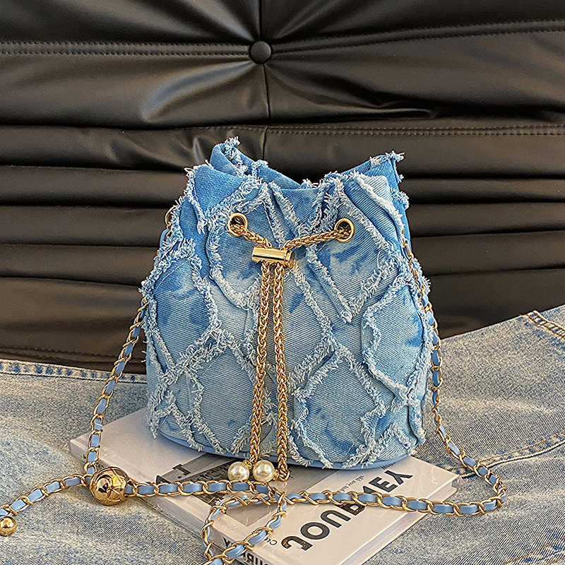 Bags New Smalll Bucket Crossbody Bag Wen Denim Handbag Tote Lady Fi Plush Tassel Purse Designer Plaid Jean BagT261013