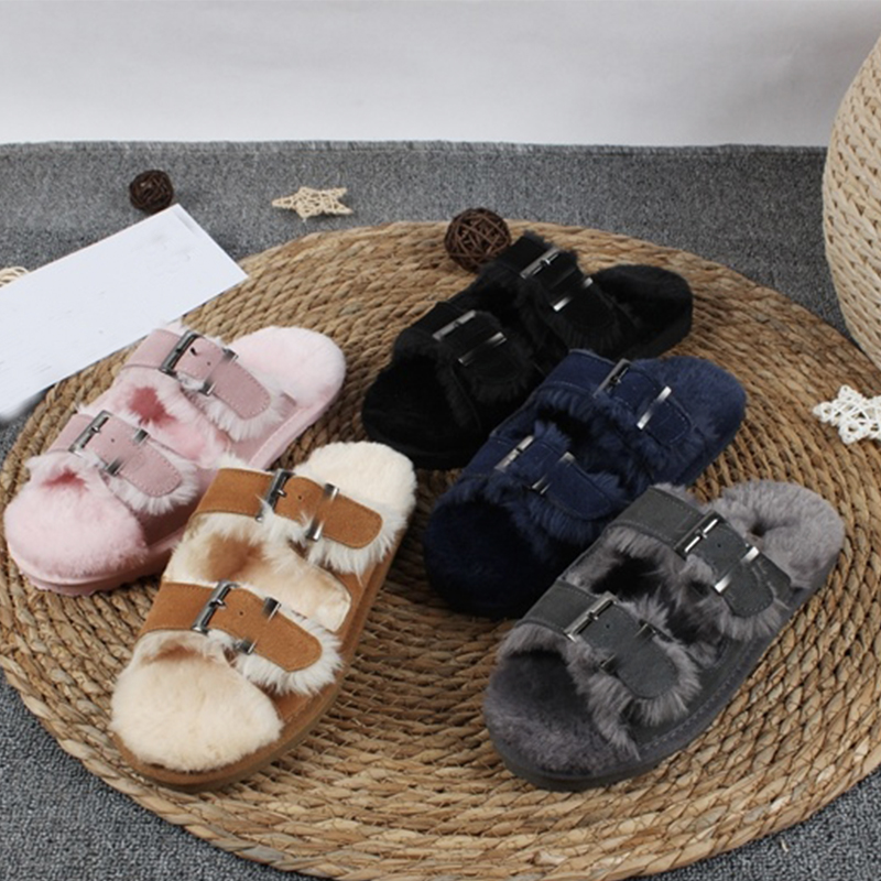 Women Suede Shearling Open Toe Fluffy Fur designer Slippers Double Adjustable Buckle fleece warm Winter Sandals Non Slip Warm Indoor Outdoor Mules f