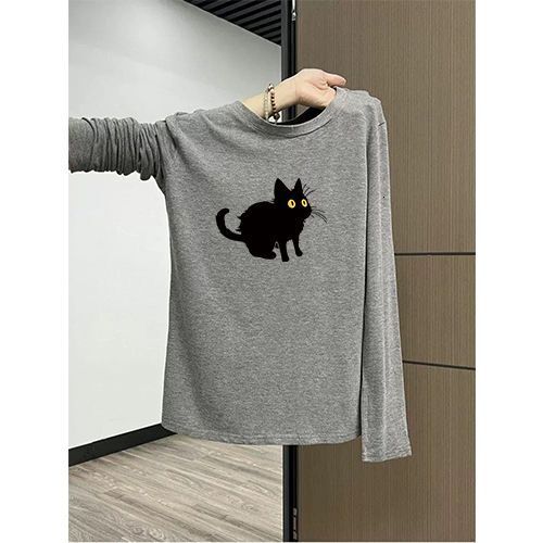 New DesignNew Gray Pure Cotton Regular Fit T Shirt Autumn Winter Slim Fit Base Layer Long Sleeved Women S Top Versatile And Stylish Printed Design L