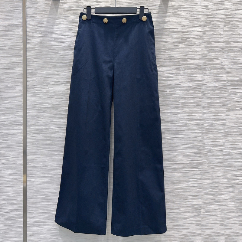 Women Navy Blue High Waist Wide Leg Pants Gold Button Detail Loose Fit Casual Trousers Luxury Designer Streetwear