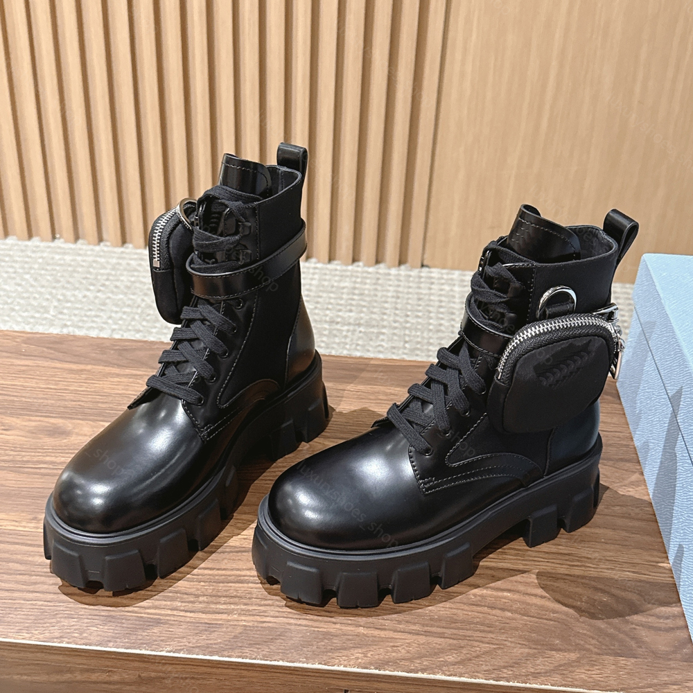 Rugged Platform Combat Boots Women Street Style Detachable Mini Pouch Lace Up Ankle Boots Designer Luxury Daily Wear size 35-41