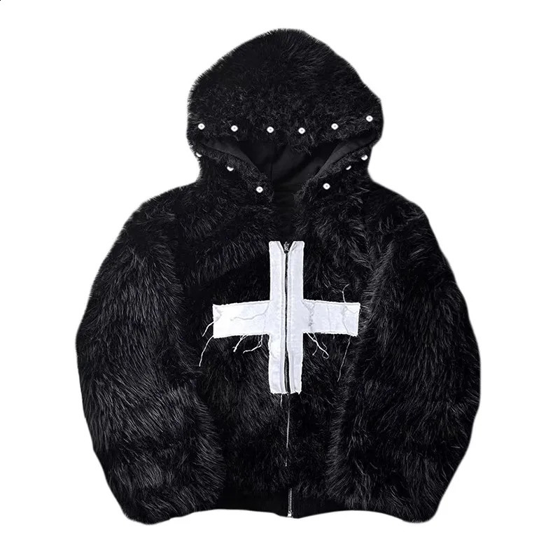 Mauroicardi Winter Short Soft Hairy Faux Fur Coat Men with Hood Rivet y ner Punk Style Clothes Fluffy Jacket 260921