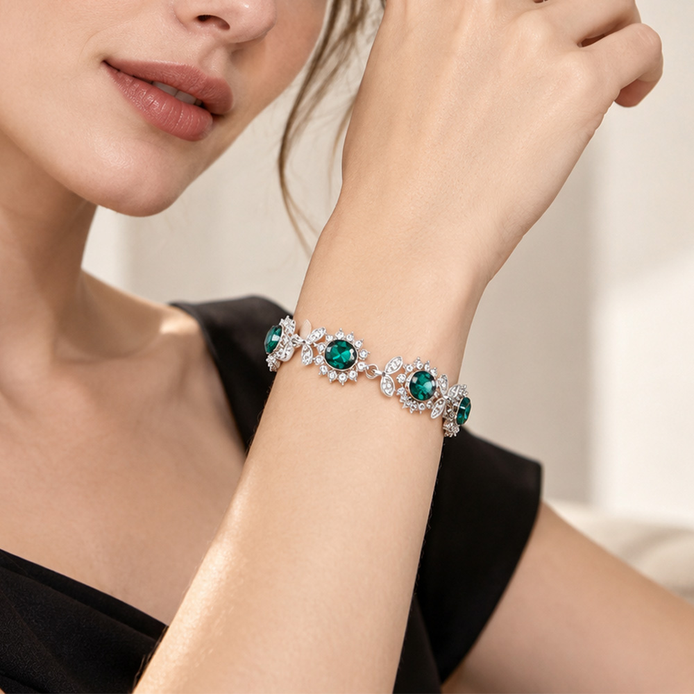 Eco Friendly Alloy Crystal Rhinestone Tennis Bracelet Gold Plated Oval Gemstone Flower Design Fashion Jewelry For Lady