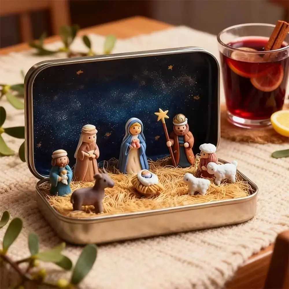 Decorative Objects Figurines PVC Christmas Nativity Set Mini Size Horse Trough Design Nativity Figurine Set Tin Box Packaging Resin Scene Figurine X