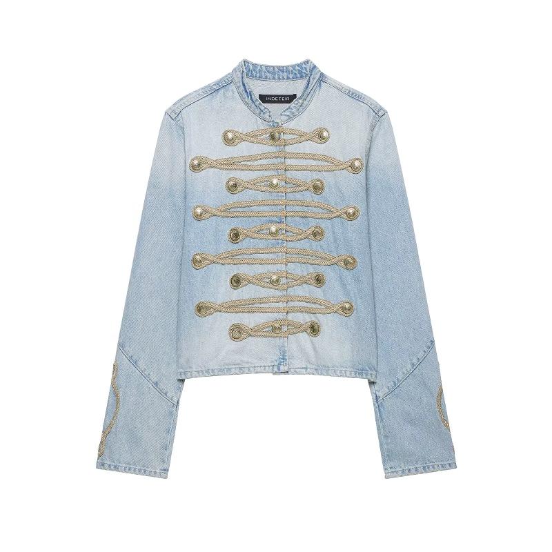 Ladies Vintage Band Style Denim Short Jacket Faded Washed Blue Denim Mandarin Collar Embroidery Braided Trim Long Sleeve Fashion Outer Coat