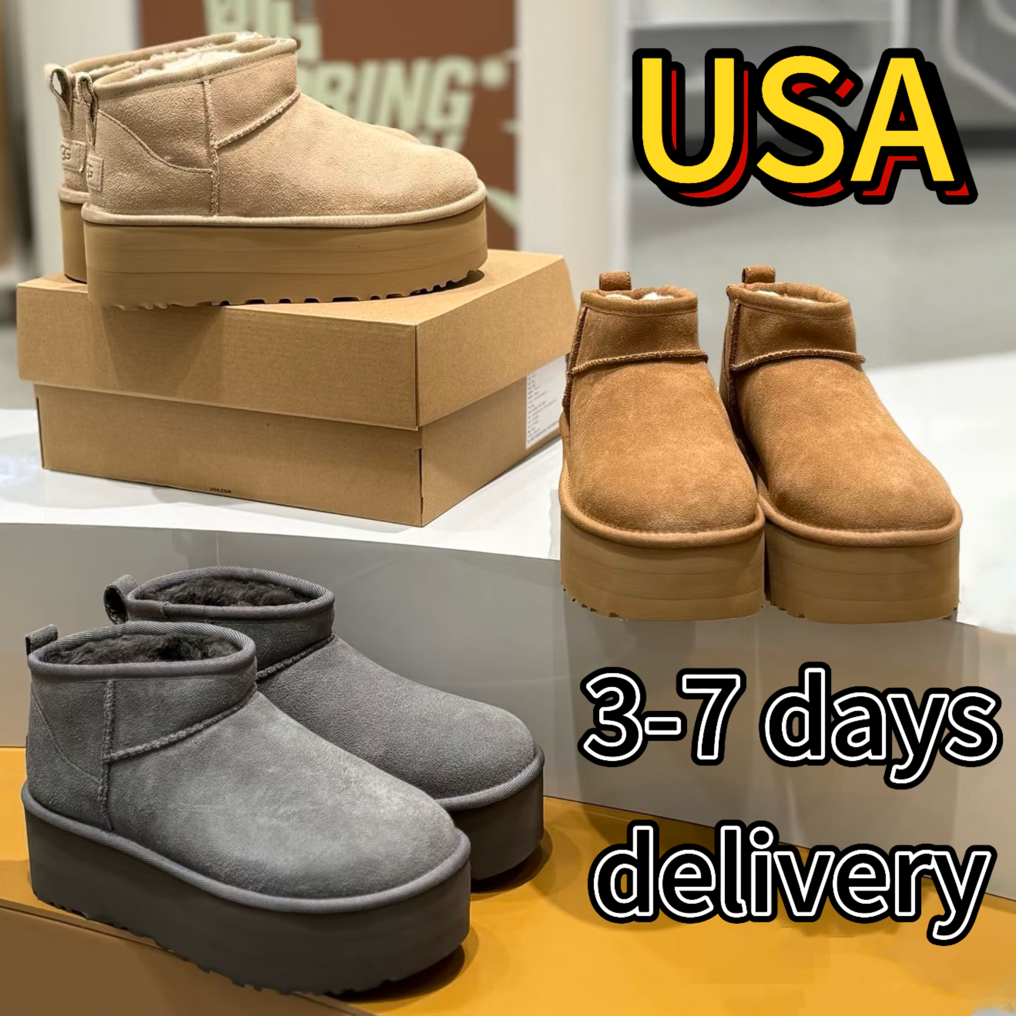 Stivali Designer Donna Classic Ultra Mini Stivaletti da neve alla caviglia Scarpe in pelle scamosciata Fodera in pelliccia Inverno all'aperto Stival