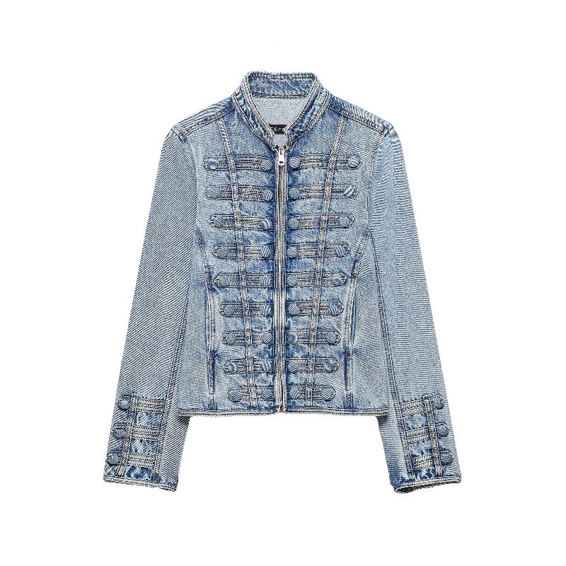 Women Light Washed Denim Military Style Cropped Jacket Stand Collar Front Zipper Decorative Strap Details Long Sleeve Slim Fit Outerwear