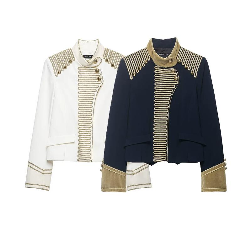 Womens Elegant Cropped Outerwear Stand Collar Gold Rope Embroidery Shoulder And Cuff Embellishment Long Sleeve Dressy Jacket