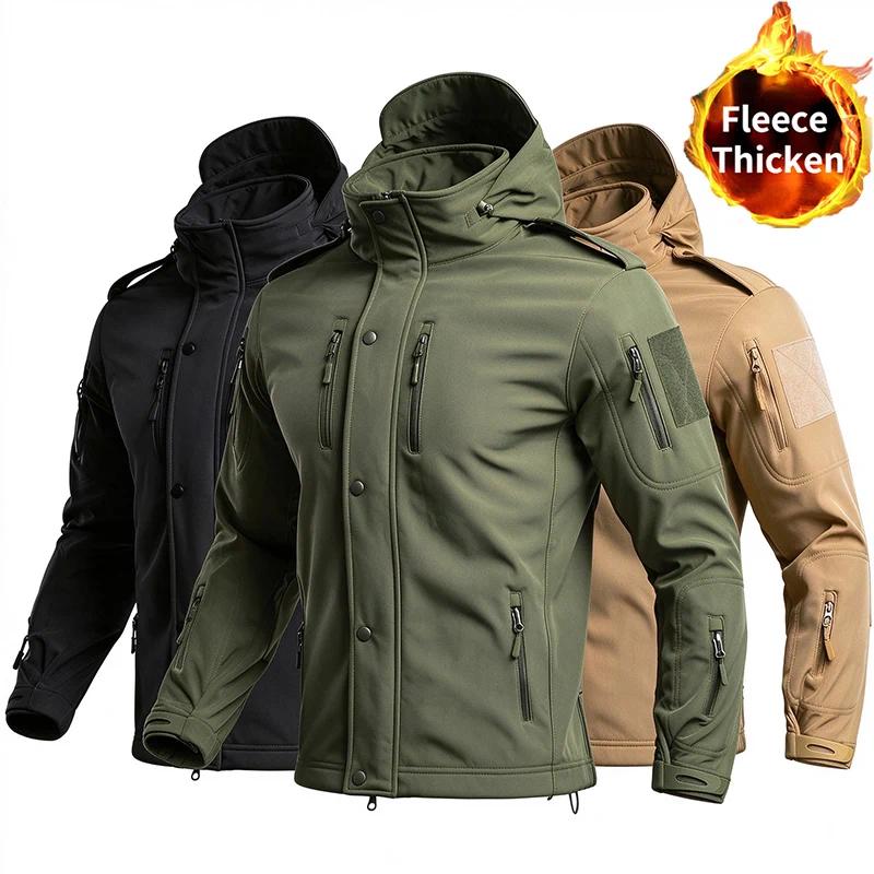 Winter Fleece Lined Tactical Jacket for Men Windproof Soft Shell Coat Multi Pocket Detachable Hood Outdoor Hiking Work Outerwear