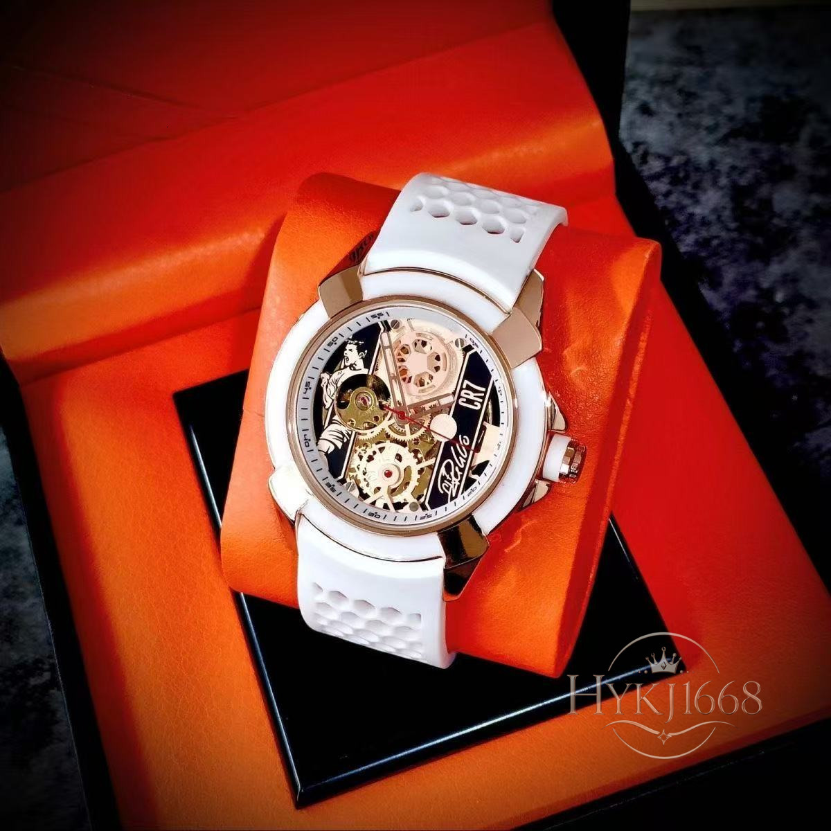 J&C Men's Luxury Mechanical Watch, Sports Round Case, Breathable Silicone Strap, and Decorative Open Dial