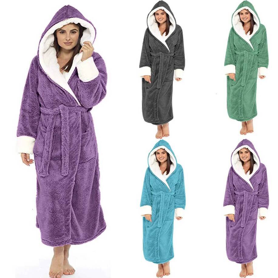 Bathrobe Thick Women Warm Bathrobe Robe Solid Hooded Ladies Dressing Gown Long Sleeve Soft Fluffy spa Cosy Flannel Bath Robes For Female C251216 Dre