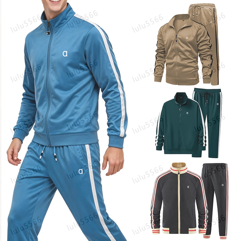 Men set sports track suit long sleeved full zipper active jacket sweatpants 2-piece set contrast color spliced sports zip up jacket gym sets outfits
