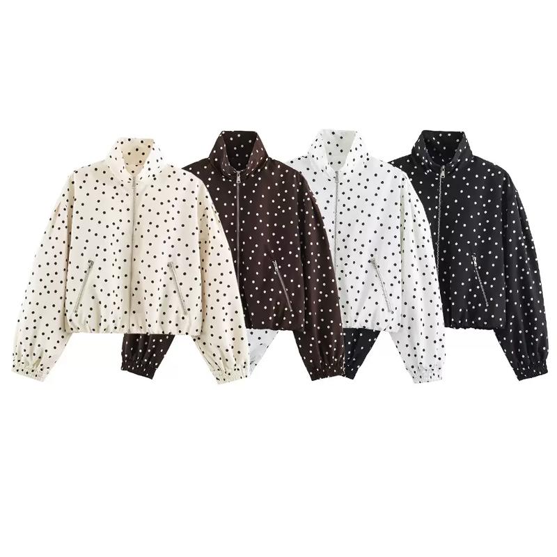 Women Black White Polka Dot Cropped Bomber Jacket Stand Collar Full Zip Front Elastic Cuff And Hem Long Sleeve Casual Outerwear