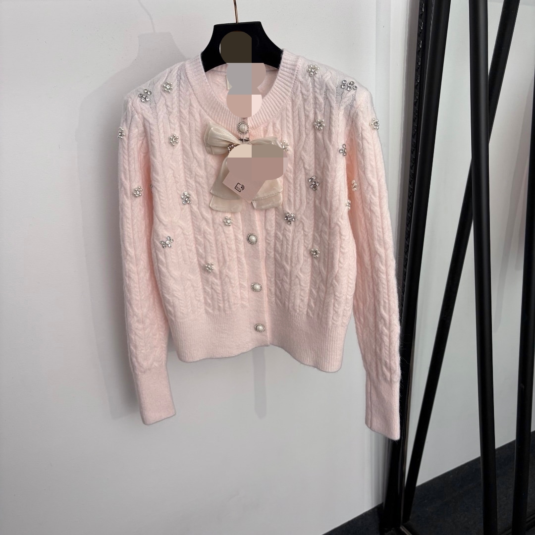 20267662 2026 new style, pearl studded and diamond embellished, bow-shaped long-sleeved knitted cardigan, in white, pink, sky blue, cream yellow, an