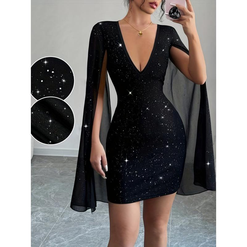 Designer Best-seller Sexy femmes col en v paillettes moulante robe mi-longue à manches longues élégant fête Club robe de Cocktail noir S-XXL