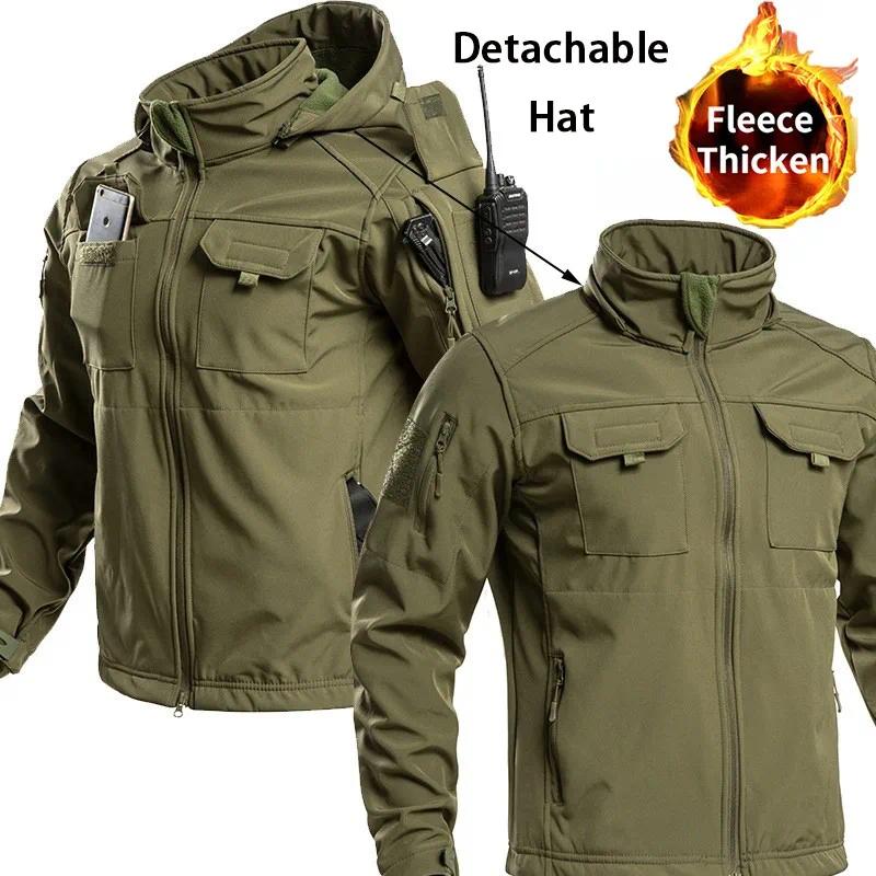 Detachable Hood Tactical Soft Shell Jacket Men Warm Windproof Winter Fleece Lined Multi-Pocket Military Coat for Hiking Hunting