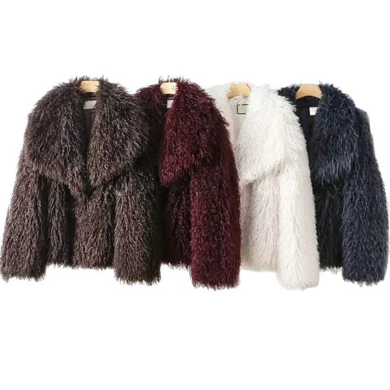 Faux Mongolia Sheep Fur Coats Women Solid Short Jackets Turn Down Collar Open Stitch Thick Straight Casual 2026 Autumn Winter C260928