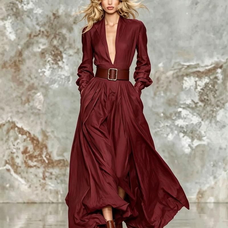 Designer Style Nouvelle Arrivée Haute Qualité Femmes Automne Hiver Élégant À Manches Longues Boho Robe Midi Solide Lâche Swing Jupe avec Ceinture