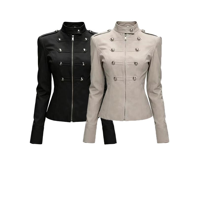 Veste de Style militaire pour femmes, col montant, manches longues, fermeture éclair sur le devant, Double rangée de boutons en métal, décor, Sli