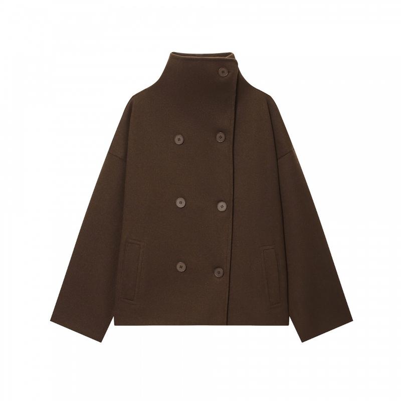 Women Loose Stand Collar Wool Outercoat Long Sleeve Double Breasted Button Placket Side Pockets Minimalist Cropped Overcoat