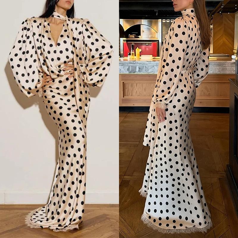 Designer Best-seller 2026 Été Femmes Polka Dot Col V Manches Bouffantes Taille Haute Robe Longue Élégante Casual Robes De Fête De Vacances S-3XL