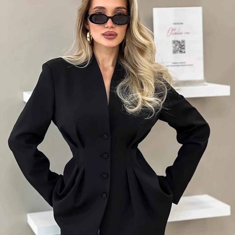 Blazer sur mesure sans col en V profond pour femme, manches longues, épaules structurées, simple boutonnage, patte de boutonnage plissée, taille