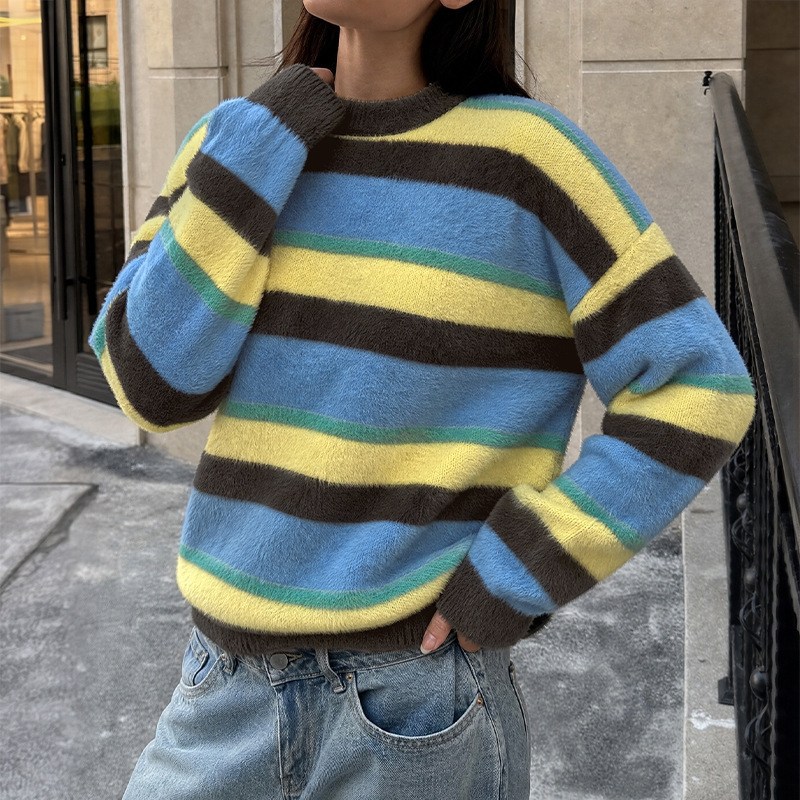 Women's Fuzzy Striped Sweater Pullover Colorful Blue Yellow Brown Horizontal Stripe Knit Top Soft Fluffy Long Sleeve Crew Neck Winter Fall Fash