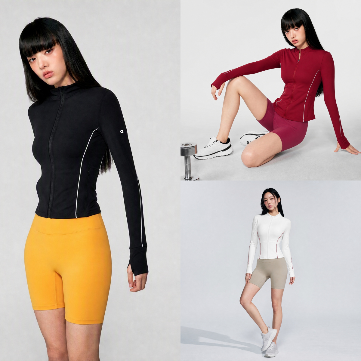 A3037 Veste de sport amincissante double face à col montant pour femme avec poches, fermeture éclair, haut de yoga, trous pour les pouces et manc