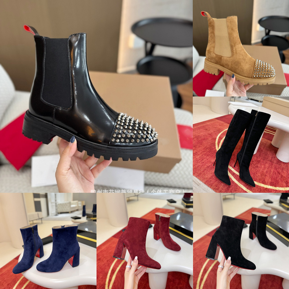 With box Red Bottom Boots Leather Boots Red Sole Boots Red Bottom shoes High-quality genuine leather red-soled women's shoes, British-style Mar