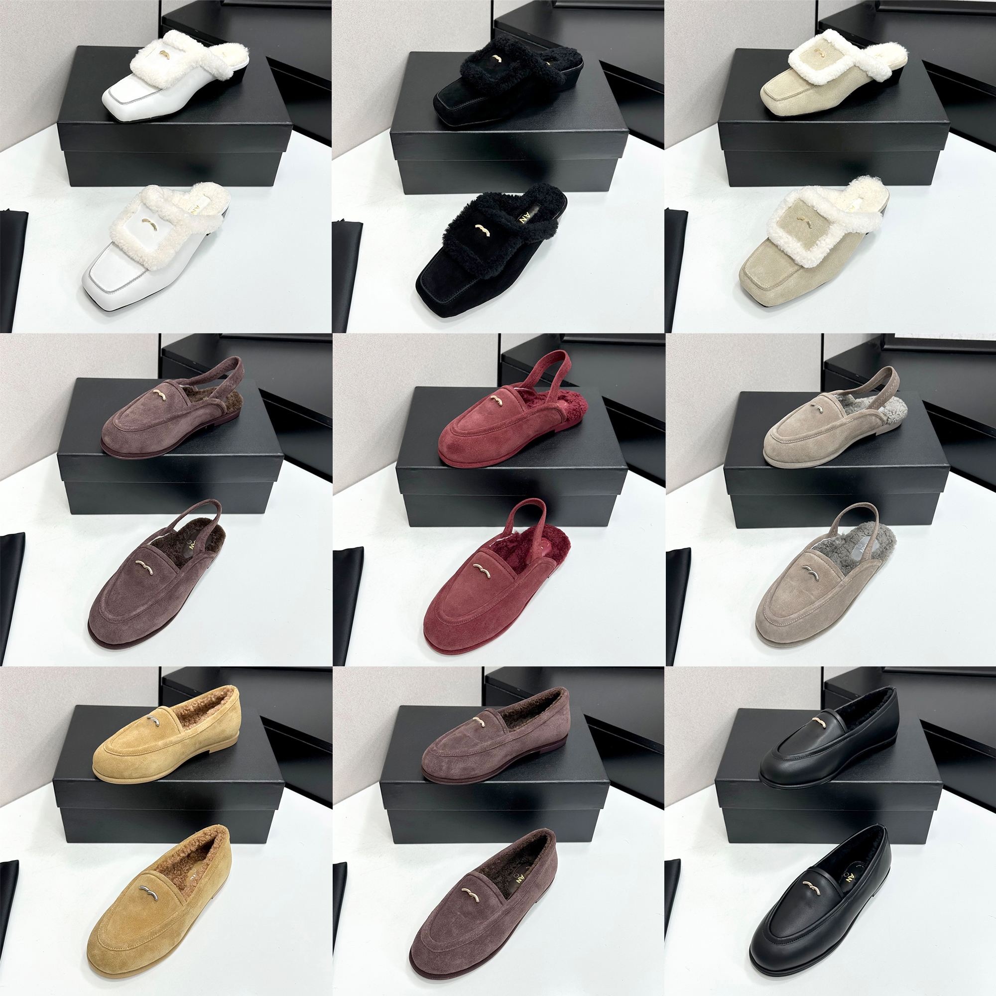 Brand Metal LOGO Fur Mules Ladies Winter Warm Square Toe Slippers 2026 New Fashion luxurys Designer Suede Slip On Furry Flat Loafers Outdoor indoor
