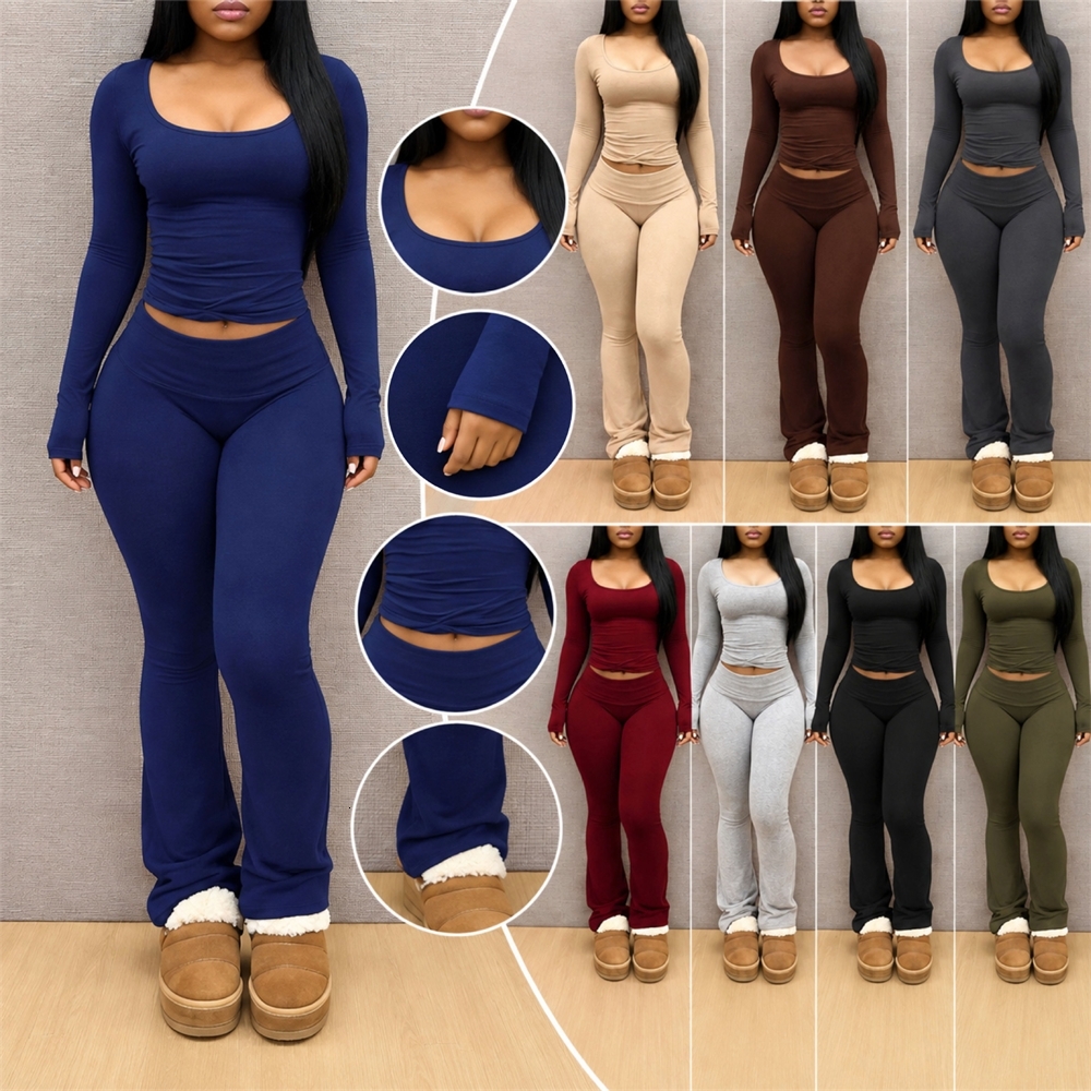 Survêtement pour femmes Mode Casiual Deux Pièces Ensemble Grand Col En U Slim Manches Longues T-shirt Haut Court Et Pantalon Évasé 2PCS Ensembles