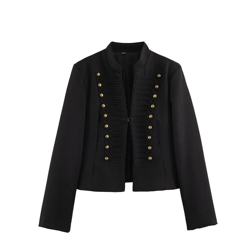 Womens Elegant Open Front Black Cropped Outerwear Stand Collar Handmade Braided Trim Retro Metal Buttons Long Sleeve Dressy Jacket