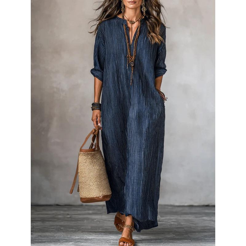 Robe longue épissée à rayures pour femmes, meilleure vente de styliste, col en v, ample, décontractée, élégante, vacances d'été, plage, manches m