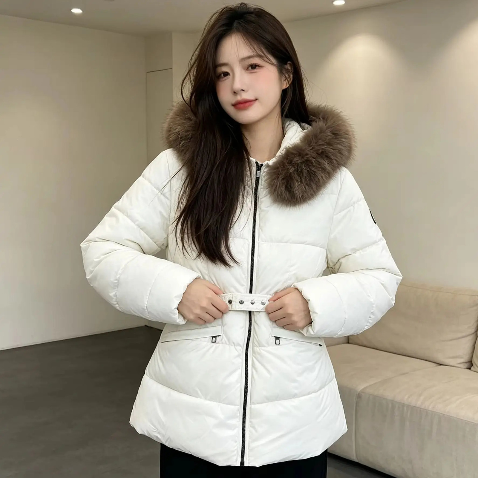 Moonclear Puffer Jackets Women Winter Faux Fur Hood Waist Tighten Puffer Jacket Waist-Nipping Slimming Drawstring Warm Moncleylyness Padded Parka Ou