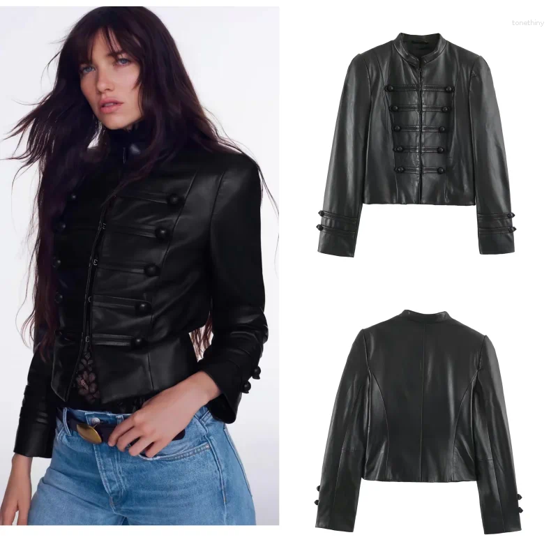 Streetwear Womens Faux Leather Cropped Autumn Jacket Stand Collar Long Sleeve Frog Button Decor Slim Fit Outerwear