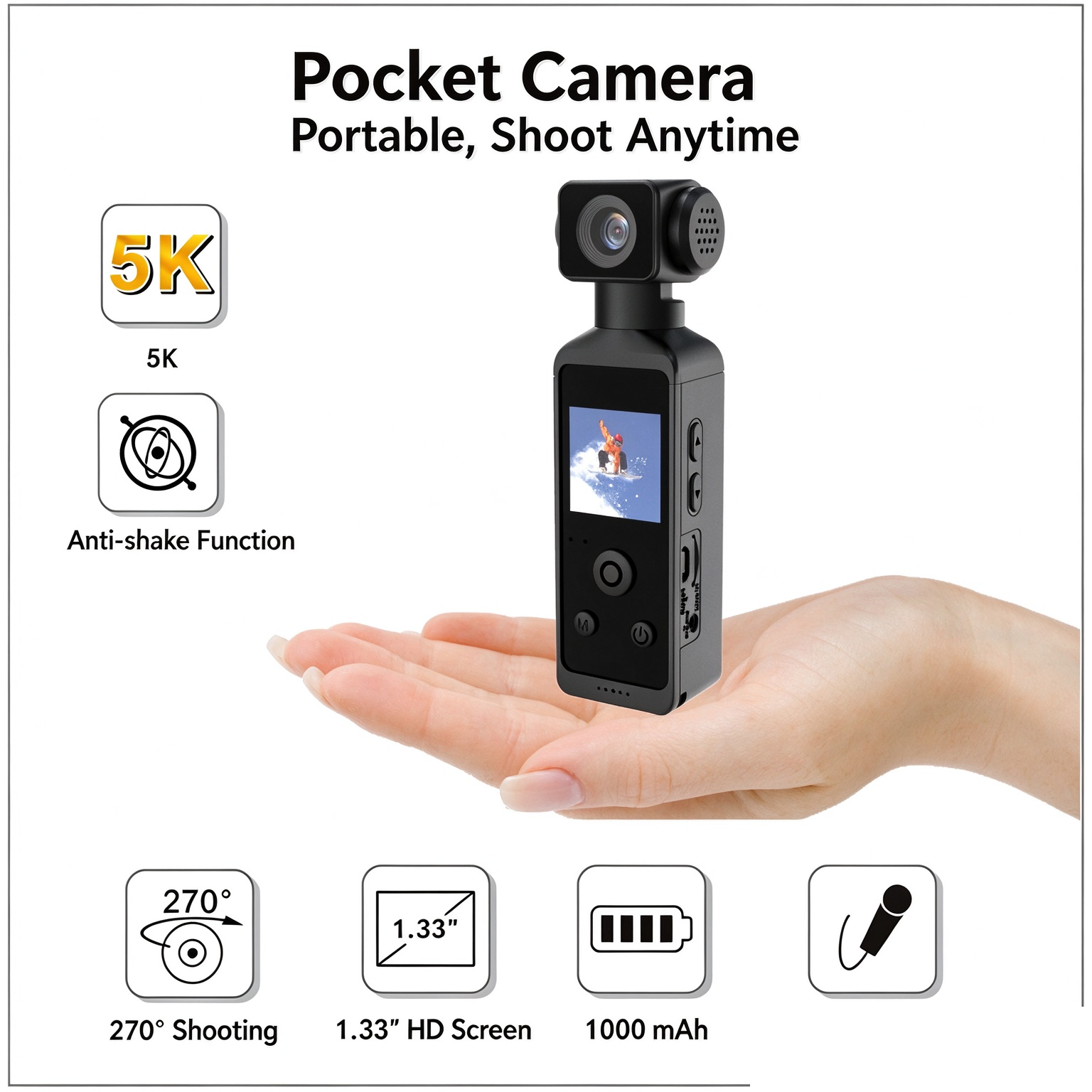 Caméra d'action de poche 4K Ultra HD 270 ° rotative Vlog Wifi Mini caméra de sport boîtier étanche casque voyage enregistreur de pilote de vélo 2