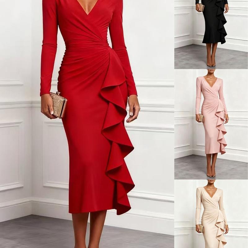 Designer Best-seller Femmes À Manches Longues Col En V À Volants Ourlet Maxi Robe Taille Haute Slim Fit Élégant Parti Formelle Robe De Soirée Cou
